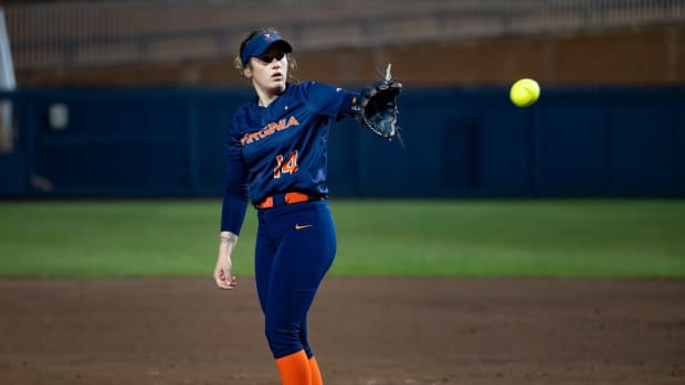 Eden Bigham gets the ball in the pitcher's circle during the Virginia softball game against Lehigh at Palmer Park.